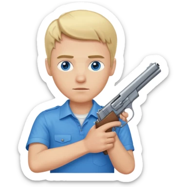 A blonde guy with blue eyes and blue shirt holding a gun sticker