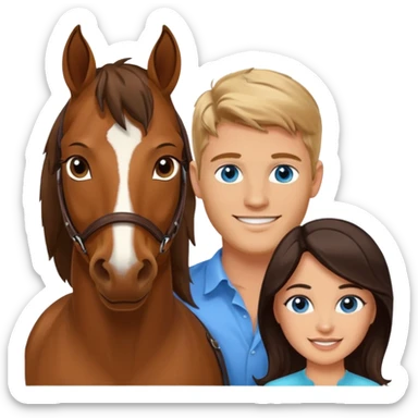 Smiling blue eyed trevor donovan with smiling brown eyed danica mckellan and brown horse sticker