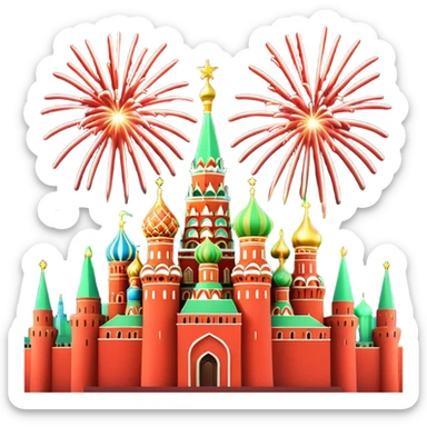 Apple style 3D emoji of New Year fireworks over Moscow. Vibrant multi-colored sparkling bursts (red, gold, green) in the sky. Below, a simplified glossy 3D silhouette of the Kremlin towers with glowing red stars. 
в более пастельных оттенках sticker