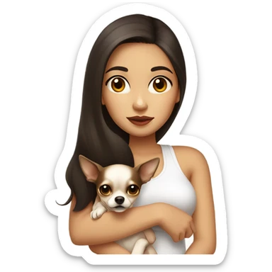 A girl with long, dark brown hair, big dark brown eyes, and very big lips. She is wearing a white singlet top and holding a small chihuahua in her arms that is a 100% light yellow colour  sticker