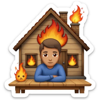 a man sits sadly at a table, a house with dramatic flames and smoke behind him, apple style emoji sticker