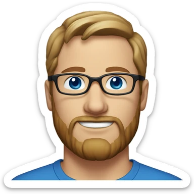 A head and shoulders shot of a 35 year old White man, with short brown hair, with beard facial hair,  wearing glasses with blue eyes wearing a t-shirt. sticker