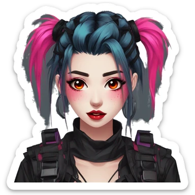 Gorgeous bright colorful neon gothic techwear anime style lady with blushing face aesthetic and pretty edgy black red punk messy hair with collar and harness trending style sticker