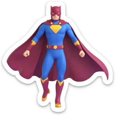 superhero in dark blue and maroon bodysuit with gold accents, digital cape, maroon boots, dynamic stance sticker