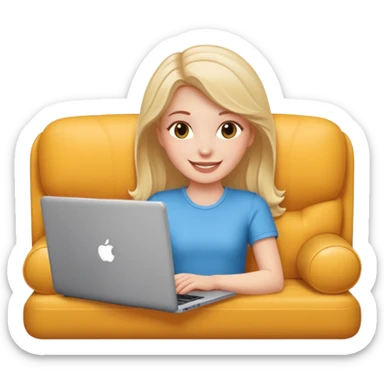 A white girl is lying on a sofa with a laptop sticker