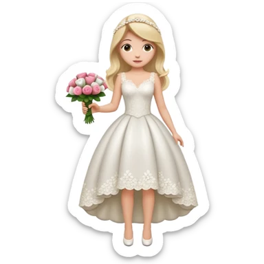 Chica blanca, cabello rubio, recogido en moño alto con mechones, vestido novia , cuerpo entero, ramo de flores en una mano, cola trasera sticker