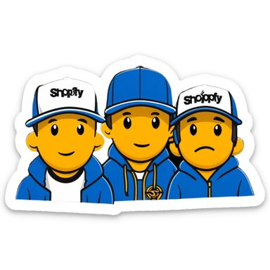 the Beastie Boys wearing hats with the Shopify logo sticker