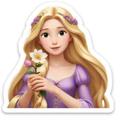 Cinematic Realistic Rapunzel Portrait, with porcelain-like skin featuring a subtle, natural glow, illuminated by soft lighting that brings out the gentle contours of her face. Her long, golden blonde hair cascades in detailed waves, each strand highlighted with a radiant shimmer as it catches the light. She playfully holds a flower in one hand, her other hand resting casually in her lap, with a warm and spirited expression. Her bright, expressive green eyes exude curiosity and warmth, framed by delicate lashes and soft, arched brows. She is dressed in her classic lavender and pink gown, the fabric textured with delicate folds that flow naturally, catching the light with a soft, radiant glow. The portrait captures a luminous, enchanting aura, seamlessly blending realism with a whimsical, fairytale charm, evoking a timeless sense of beauty and magic. sticker