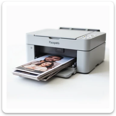 realistic thumbnail image for a passport size photo print out service, showing a printer outputting multiple passport size photos, with a stack of printed passport photos in the foreground, on a clean white background sticker