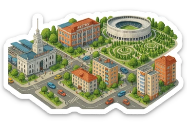 Изометричная миниатюрная фотореалистичная 3D модель панорамы Краснодара - вокзал Краснодар, КубГМУ, парк Краснодар со стадионом, краснодарские дома, автотранспорт четкие линии, яркие цвета, мультяшный реализм, люди, автотранспорт, компактная композиция, вид сверху в изометрии, прозрачный фон sticker