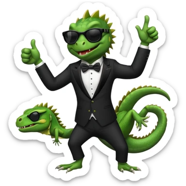 capitalist iguana banker in tuxedo and black sunglasses dancing crazy thumb up sticker