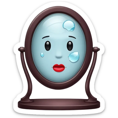 Minimalist emoji-style sticker of a vanity mirror with dim bulbs and cracked glass, words “Am I real yet?” smeared in dusty lipstick tone


 sticker