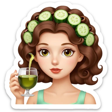 Beautiful girl with long brown hair with curlers in hair and cucumber on eyes, sipping wine from teacup sticker