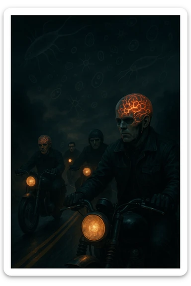 Gruppo di motociclisti su strada, volti impassibili o con espressioni rischiose e prive di paura, mentre affrontano curve pericolose. Atmosfera surreale, con ombre o simboli astratti che rappresentano la toxoplasmosi (come parassiti invisibili nel cervello). Effetti visivi sul cranio o sulla testa che mostrano come l’infezione alteri il senso del pericolo. Scene dinamiche ma inquietanti, cielo scuro e simbolismo neurologico. sticker