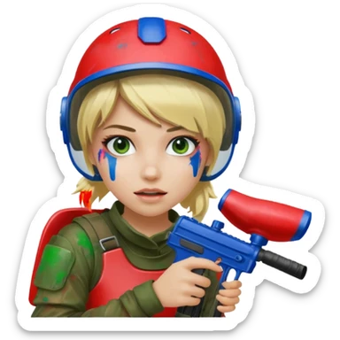 blond girl playing paintball with red paintball helmet, only face sticker