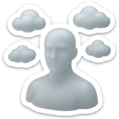person looking straight, fully made of white fluffy convex clouds, shoulders, matte glass style sticker