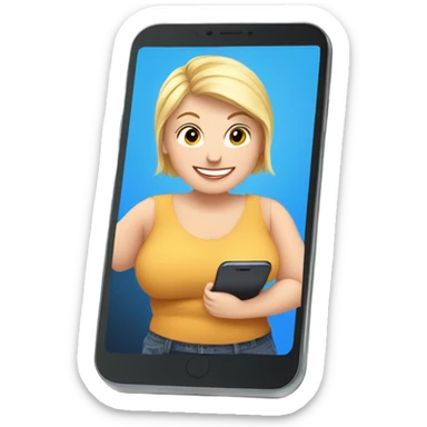 overweight blondie woman happy with a smartphone in hands showing charts sticker