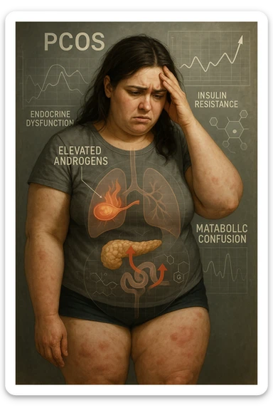 cinematic realistic in italiano Woman with PCOS struggling with hormonal chaos, transparent overlay showing elevated androgens and insulin resistance affecting her body, lipedema causing disproportionate fat accumulation in legs and arms despite normal torso, expression of frustration with unexplained weight gain, medical charts showing complex endocrine dysfunction, painful swollen limbs contrasting with metabolic confusion scrivi in italiano sticker