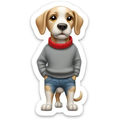 Dog in a grey jumper with his hands in his pockets with jeans and red shoes sticker