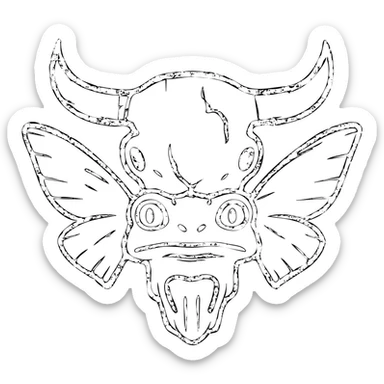 a terrifying minimal red line art of a hybrid monster combining minotaur skull with horns, stoat face elements, frog mouth/eyes, and moth wings sprouting from skull, transparent hollow center, distressed appearance with deliberately missing sections, smudged edges, torn lines, and weathered texture, sparse red lines only sticker