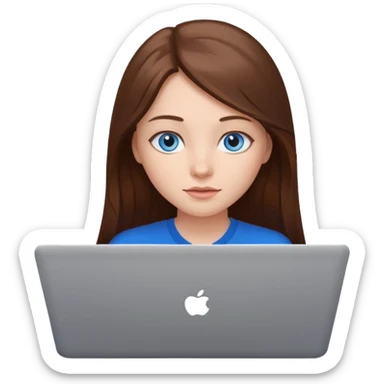 A girl with blue eyes and long brown hair with a laptop sticker