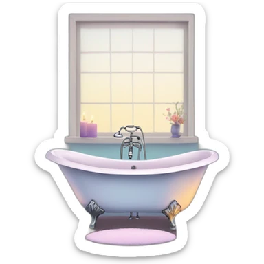 Create a serene image of a claw-foot bathtub filled with sparkling, magical water, surrounded by candles and flowers, in a tranquil bathroom. sticker