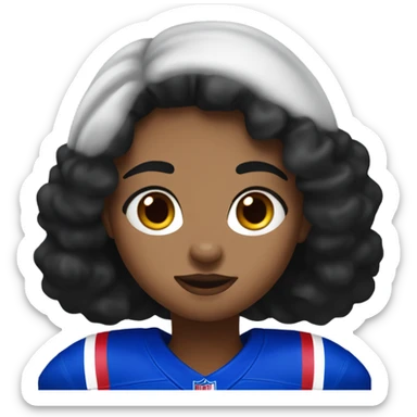 Girl with black hair and freckles wearing buffalo bills jersey sticker