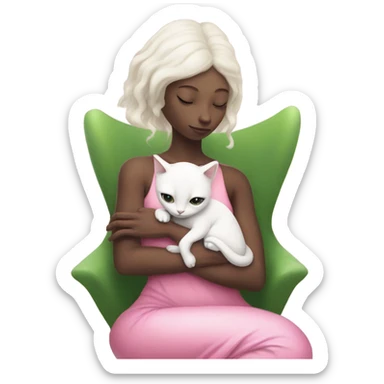 Reptilian alien woman, in meditation pink dress hugs a white cat sticker