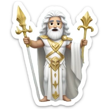 white Poseidon with gold Trident. long white hair white dress. with keys sticker