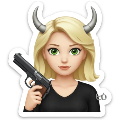 Emoji femme blonde cheveux blond, yeux vert avec de long cils noir qui porte un pistolet et à des cornes  sticker