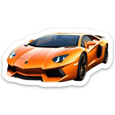 Lamborghini Aventador driving down the street, headlights blazing. The sky glows in warm sunset hues, reflecting off the sleek car. Motion blur emphasizes speed, with palm trees and city lights in the background. Transparent background. sticker