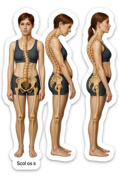 fai un immagine identica che riguarda 3 posture scorrette: scoliosi, ipercifosi e iperlordosi. falla iperrealistica anatomica in 4k con spina dorsale storta in evidenza su ogni figura sticker