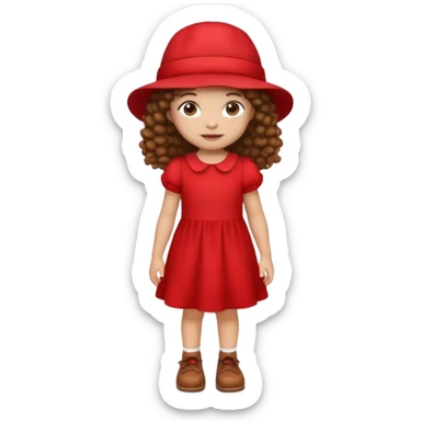 little girl with brown curly hair, light skin, wearing a red dress, red hat, and brown shoes, emoji style icon sticker
