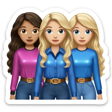 Three women with devil fairy horns, brown eyed light skin with dark blonde long hair and Brown eyed light skin black long wavy hair and blue eyed light skin long blonde hair wearing cute country glitter outfits sticker