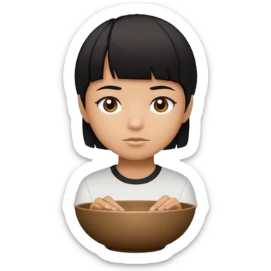 cabelo liso preto com volume no formato de tigela, olhos marrom escuros, camisa branca, pele morena mas mais branca do que morena sticker