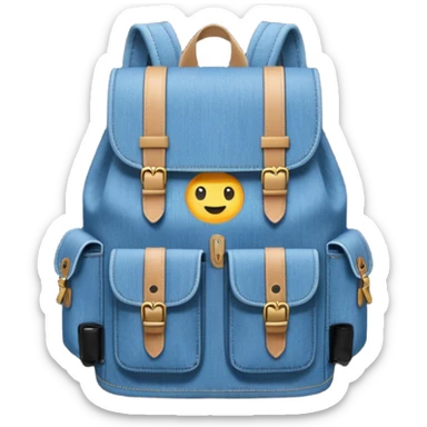 An emoji-style blue denim backpack with a flap top. Two short black buckle straps are attached only at the top flap, not extending to the bottom. The front is clean with no pockets or extended straps. The backpack has two side pockets. Flat, minimalist, cartoon icon.


 sticker