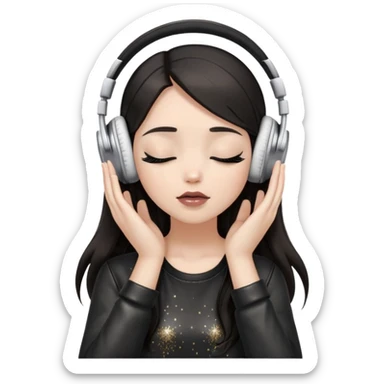 Girl with long dark hair, fair skin tone, wearing a black leather top, has glitter on her eyelids, and taupe lipstick, wearing white headphones, her hands are on her ears, and her eyes are close sticker