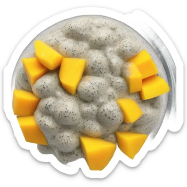 a clear glass of chia pudding with diced mango on top sticker