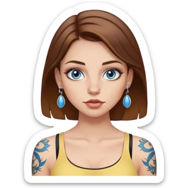 girl with brown hair, blue eyes, make up, full lips? nose piercing, some tattoos and a light yellow crop top  sticker