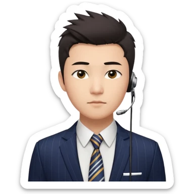 gay young Asian man with light skin, short dark hair styled upward with a sharp spiked swoop in front, slightly narrowed almond-shaped eyes with a confident, knowing squint, very squinty a clean-shaven face, and a sleek single-ear headset, wearing a dark pinstripe suit with a patterned shirt tie sticker