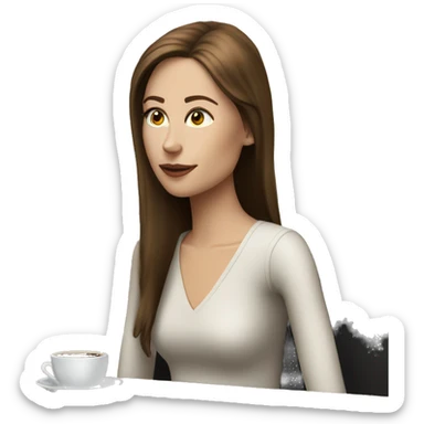 Side view realistic posh brown straight haired pale woman sits at the coffee table sticker