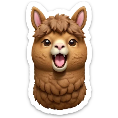 Cinematic Cute Yawning Brown Alpaca Portrait Emoji, Head tilted slightly with a dramatic, wide-open yawn, showcasing a soft, plush brown fleece with gently drooping ears, round warm eyes barely open in drowsy contentment, Simplified yet irresistibly adorable features, highly detailed, glowing with a soft, cozy glow, high shine, relaxed yet expressive, stylized with a touch of whimsy, bright and endearing, soft glowing outline, capturing the essence of a sleepy yet affectionate alpaca, so drowsy it feels like it could stretch out of the screen and curl up for a nap! sticker