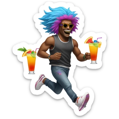 Wolves wearing a wig and sneakers running with a cocktail sticker