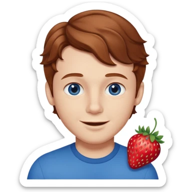 Please generate a portrait of a boy. He has wavy, light brown to reddish-brown hair, a right side parting, longer sideburns, blue eyes, a snub nose, and a somewhat pronounced, strawberry-red pout. He is smiling. sticker