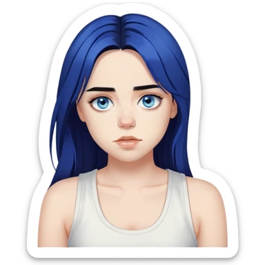 billie eilish long black hair blue eyes dark eyeliner makeup, wearing white singlet sticker