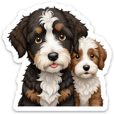 2 dogs: one light brown Aussiedoodle, one all-black Bernedoodle with white eyebrows some white markings, no brown coloring. Both same size. sticker