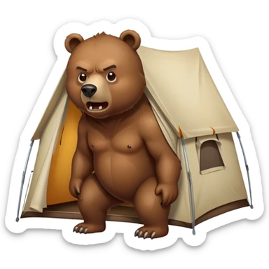 angry bear crawling outside of a tent sticker