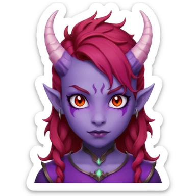 Demon Girl Purple Skin Dragon Horns Black Eyes Red Glowing Pupils Auburn Haired Red Shirt  sticker