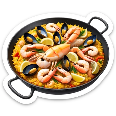 Cinematic Realistic Paella Dish Emoji, depicted as a vibrant, aromatic rice dish loaded with seafood, chicken, and saffron rendered with rich textures and dynamic, warm lighting. sticker