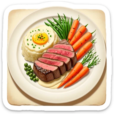 Medium rare Wagyu steak on a bed of creamy garlic mash potatoes couples with pan seared carrots and  green beans sticker